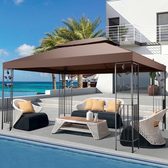 COBIZI 10'x 13' Metal Patio Gazebo, Outdoor Gazebo Canopy Tent for Backyard with Mosquito Netting, Gazebos Shelter with Steel Frame, Patio Covers for Sun and Rain, Brown