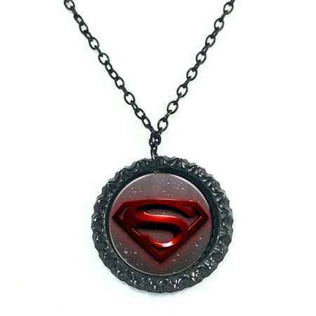 - Superhero Superman Anti-Tarnish Black Color Carbon Dome Necklace Pendant, J-346-02