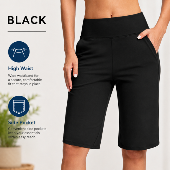 Women’s High Waisted Bermuda Shorts with Pockets, Stretch Casual Long Shorts, Soft Comfortable Athletic Workout Shorts for Yoga, Running, Lounge and Everyday Wear