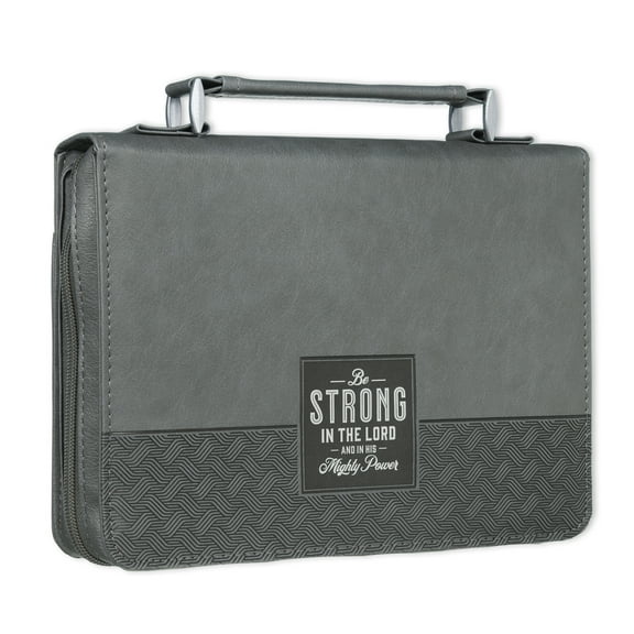 Christian Art Gifts Classic Vegan Leather Bible Cover for Men: Be Strong & Courageous - Inspirational Bible Verse, Sturdy Easy Carry Book Case w/Pen Loops, Gray, Medium