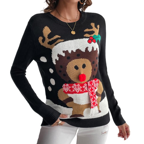 Suéteres De Punto Suéter negro con estampado de ciervos Traje de vacaciones de estilo festivo informal para mujer Kuymtek Negro T M para Mujer