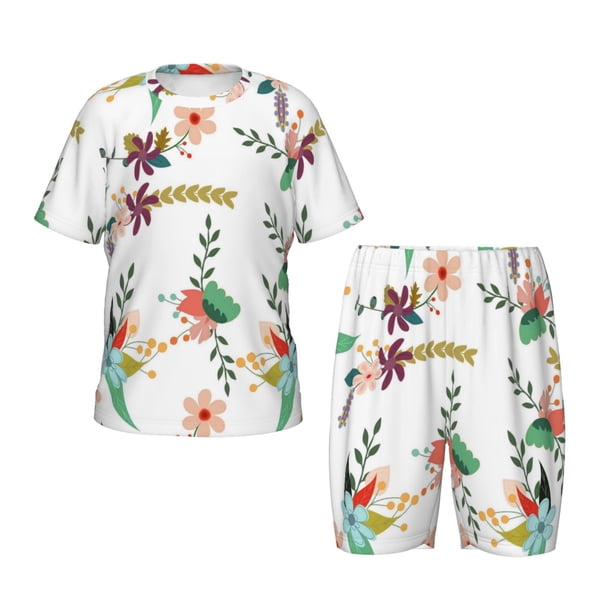 Balery Pretty Floral With Leaves Conjunto de Pijama Infantil de Manga Corta con Estampado – Ropa de Dormir de Algodón Suave-Large