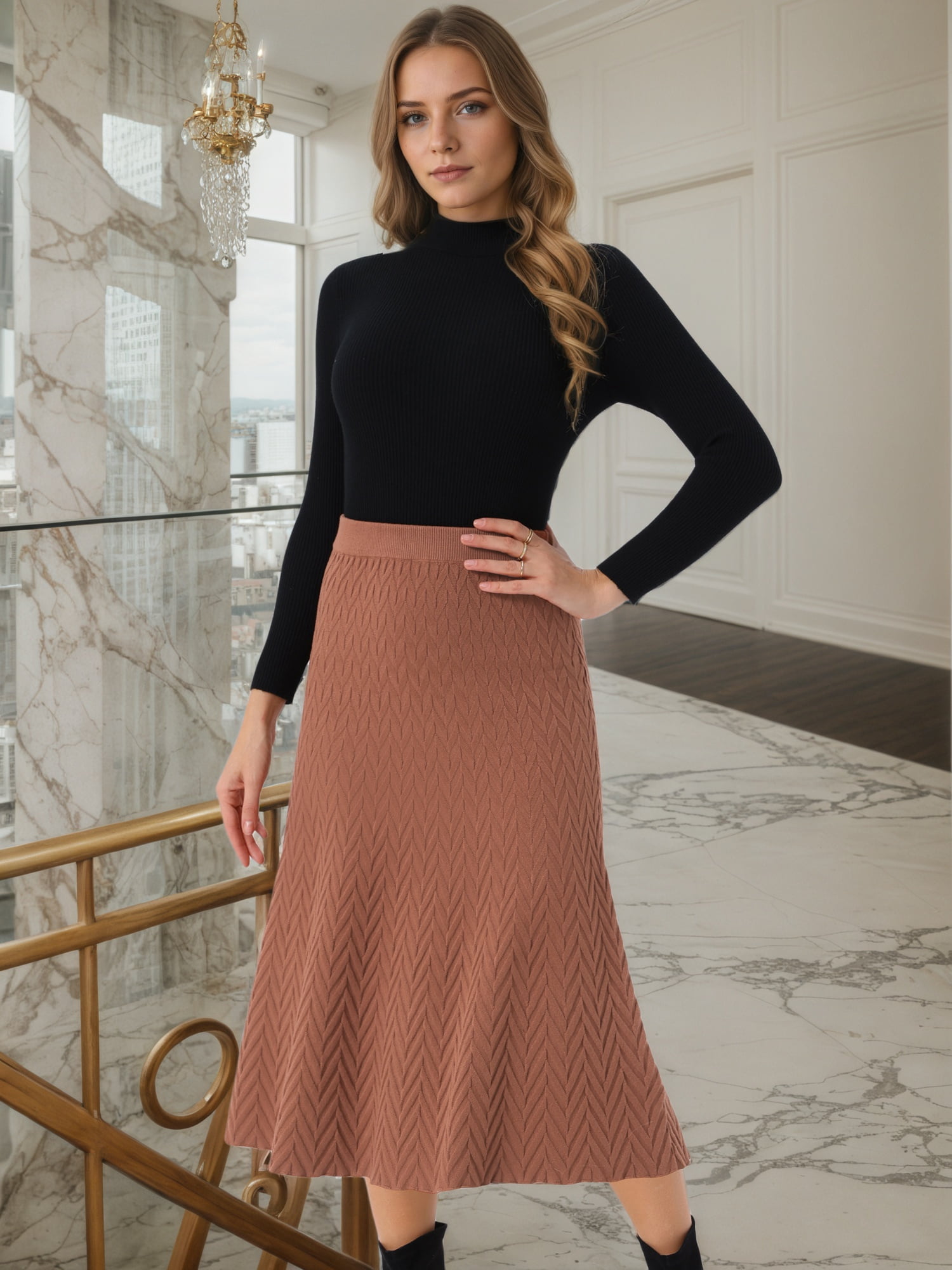DARING DIVA Women's A-Line Skirts Stretchy Sweater Midi Skirt XL Caramel