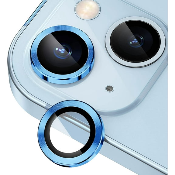 Camera Lens Protector for iPhone 14 / iPhone 14 Plus, Strong Adsorption 9H Hardness Tempered Glass Camera Screen Protector Individual Metal Ring Cover, Case Friendly (Blue)