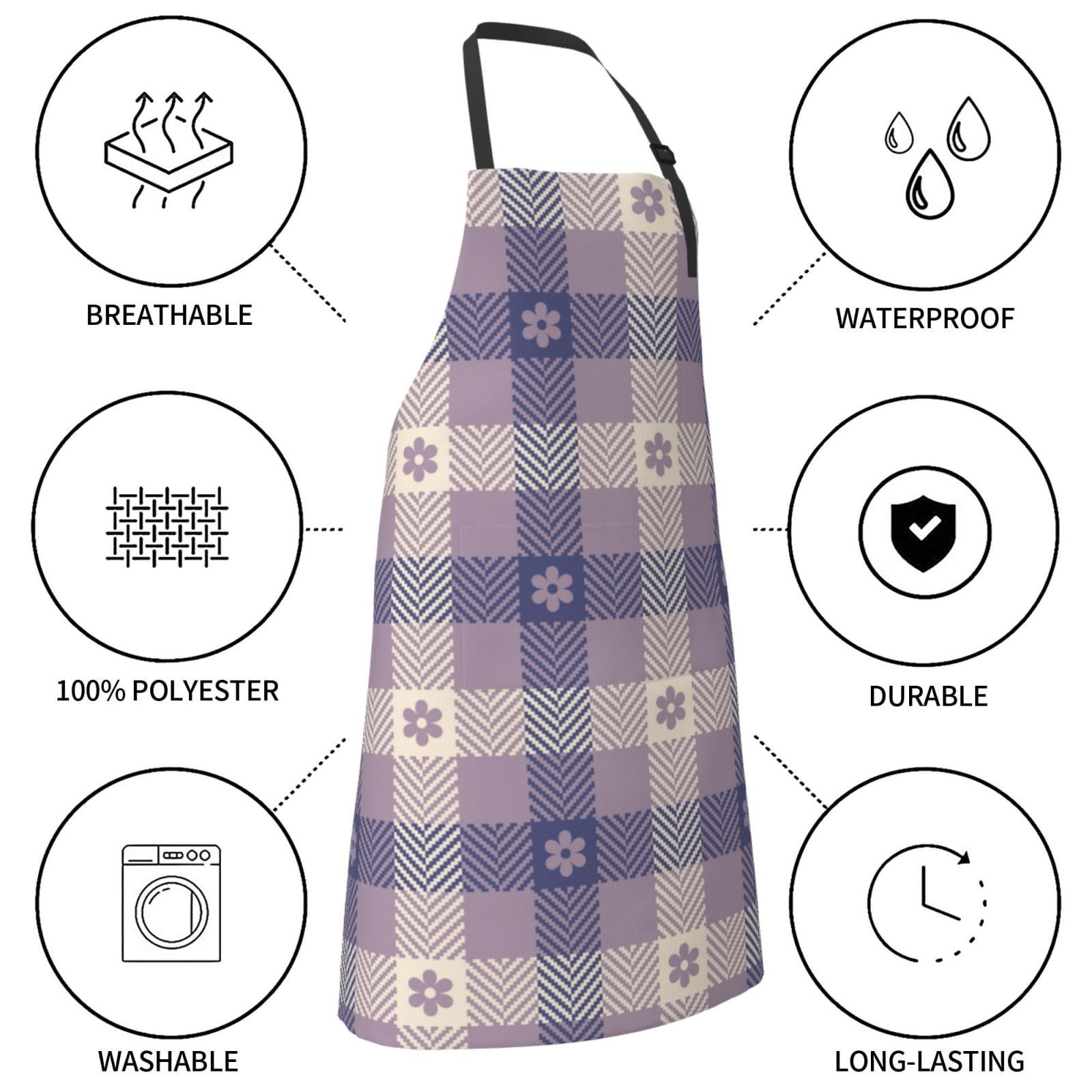 Kdxio Purple Floral Gingham Check Plaid Apron with Pockets Adjustable Kitchen Aprons for Men Women Waterproof Aprons for Cooking,Drawing,Crafting, Baking Household Cleaning