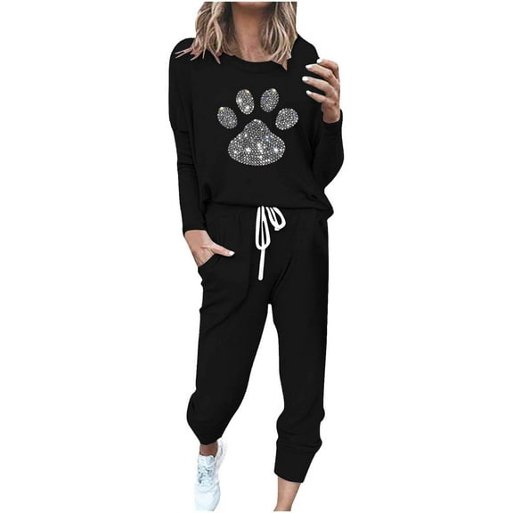 Busydd Two Piece Sets for Women Funny Paw Print Crewneck Sweatshirts Elastic Waist Jogger Pants Track Suits for Women Set Casual Fall Workout Travel Vacation Outfits S-5XL