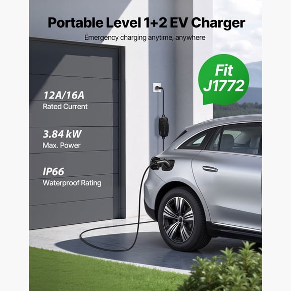 Level 2 EV Charger,16A Adjustable Portable Charging Station with 25ft Cable,120V-240V,NEMA 6-20P&5-15 Adapter,LCD Display for Home Electric Vehicle Charging,J1772 Compatible