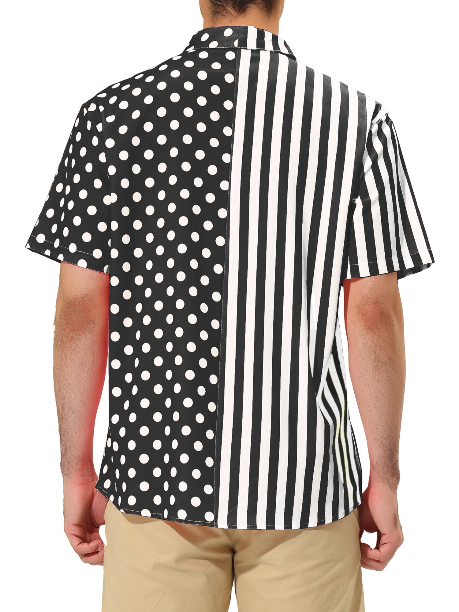Unique Bargains Men's Summer Stripe Polka Dots Short Sleeves Button Patchwork Shirt XL Black White