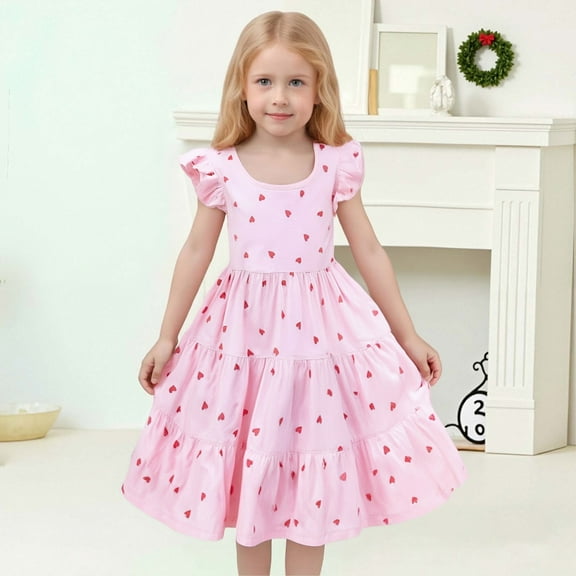 Baby Girl Dress Kids Toddler Girls Summer Floral Print A Line Flutter Sleeves Stylish Casual Dress Toddler Dresses Pink 6 Years-7 Years