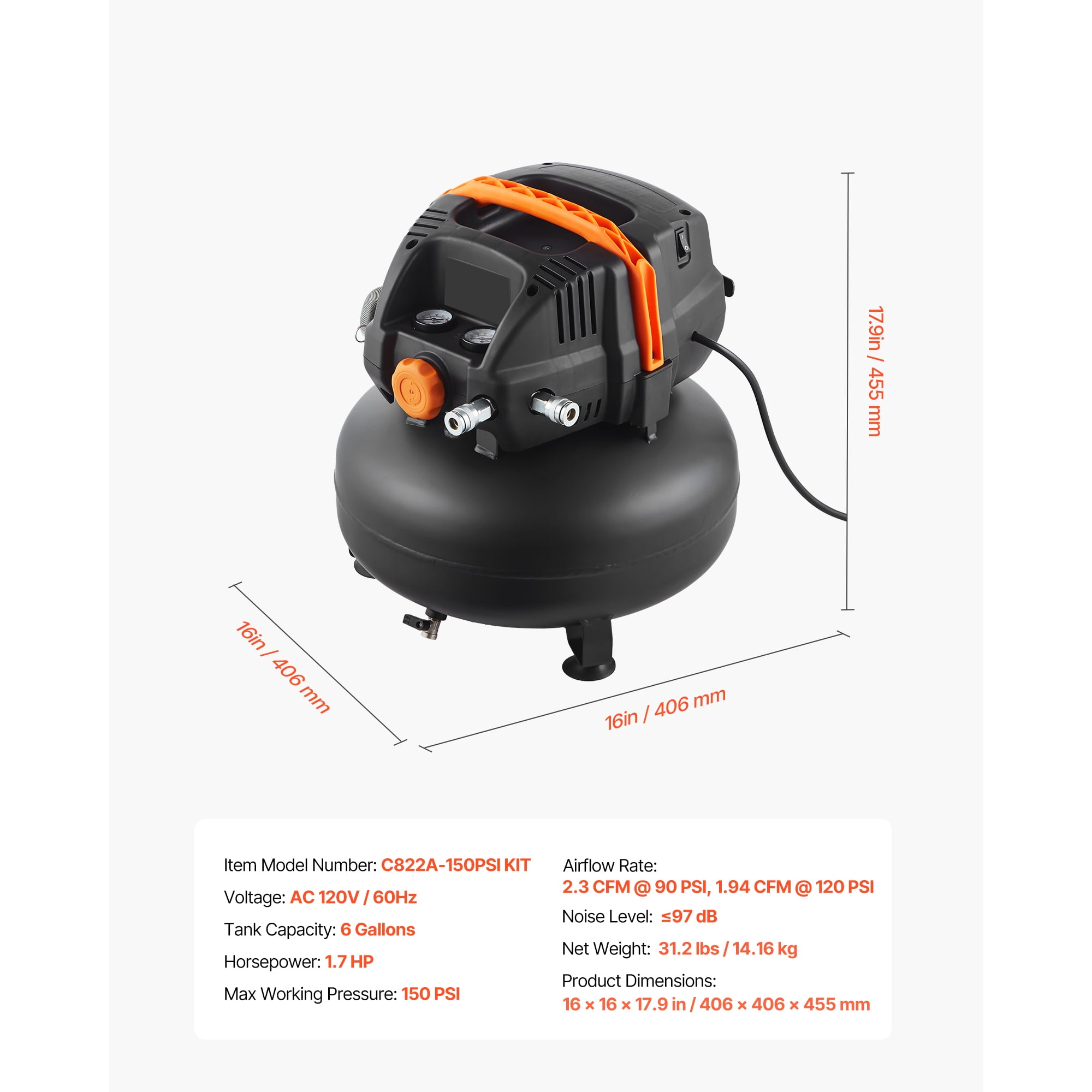 KFFKFF 6-Gallon Portable Air Compressor, 1.7HP Motor, 2.3CFM@90PSI, 150PSI Max Pressure, Includes 12-Piece Accessory Kit and 25FT Air Hose for Tire Inflation, Painting, and Woodworking