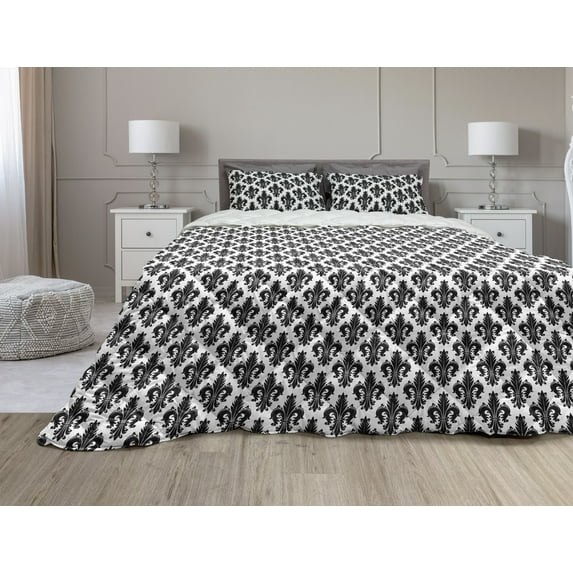Fleur De Lis Comforter & Sham Bedding Set, Monochrome Royal Lily Pattern Victorian Inspiration Ornamental Vintage Design, 3 pcs Duvet Set Microfiber Filling Quilt, 5 Sizes, Black White, by Ambesonne