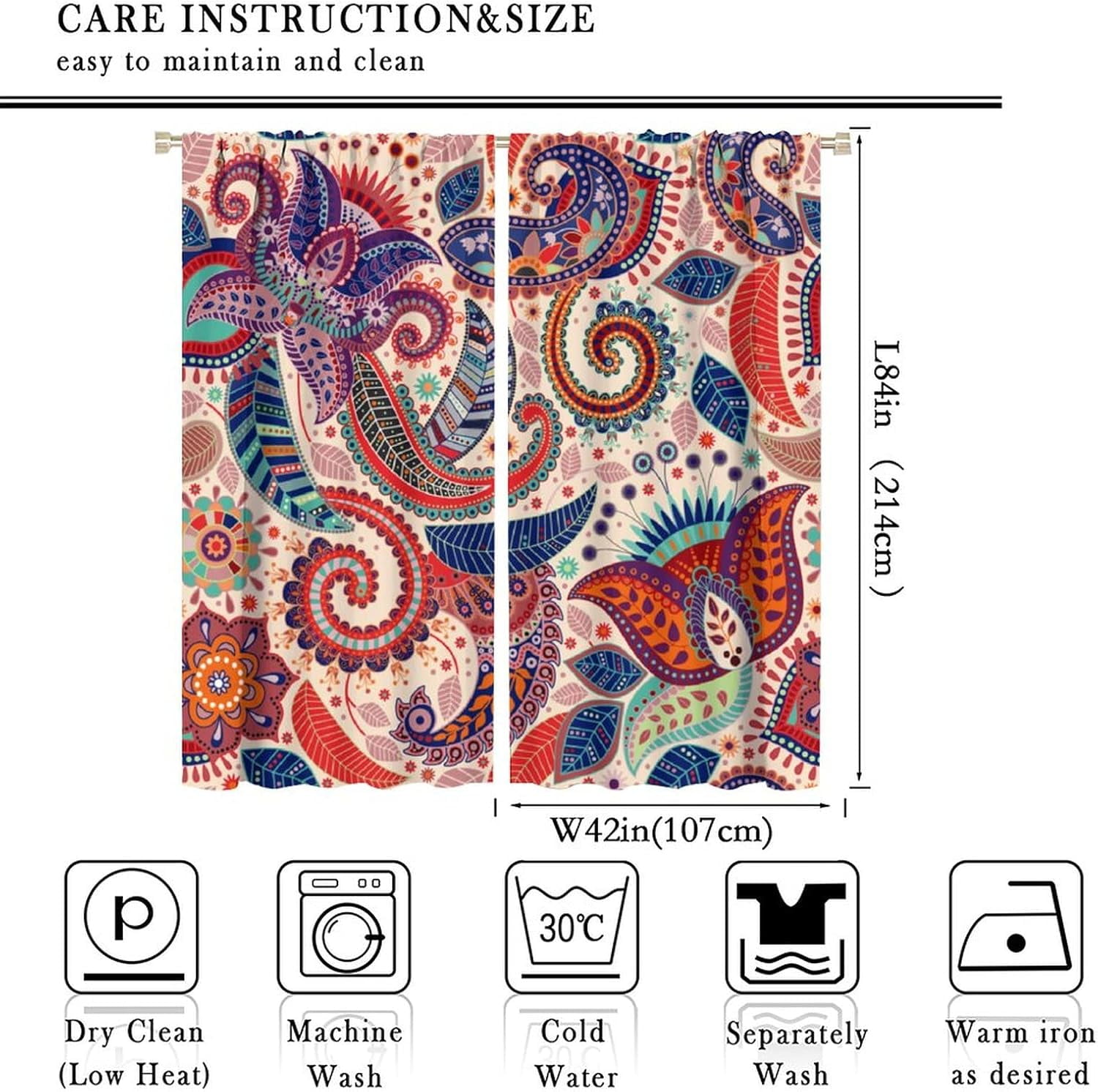 Boho Decorative Curtains Bedroom Living Room Rod Pocket Curtains, Vintage Boho Grill Floral Pattern 2 Panel Set, 42X84x2 in.