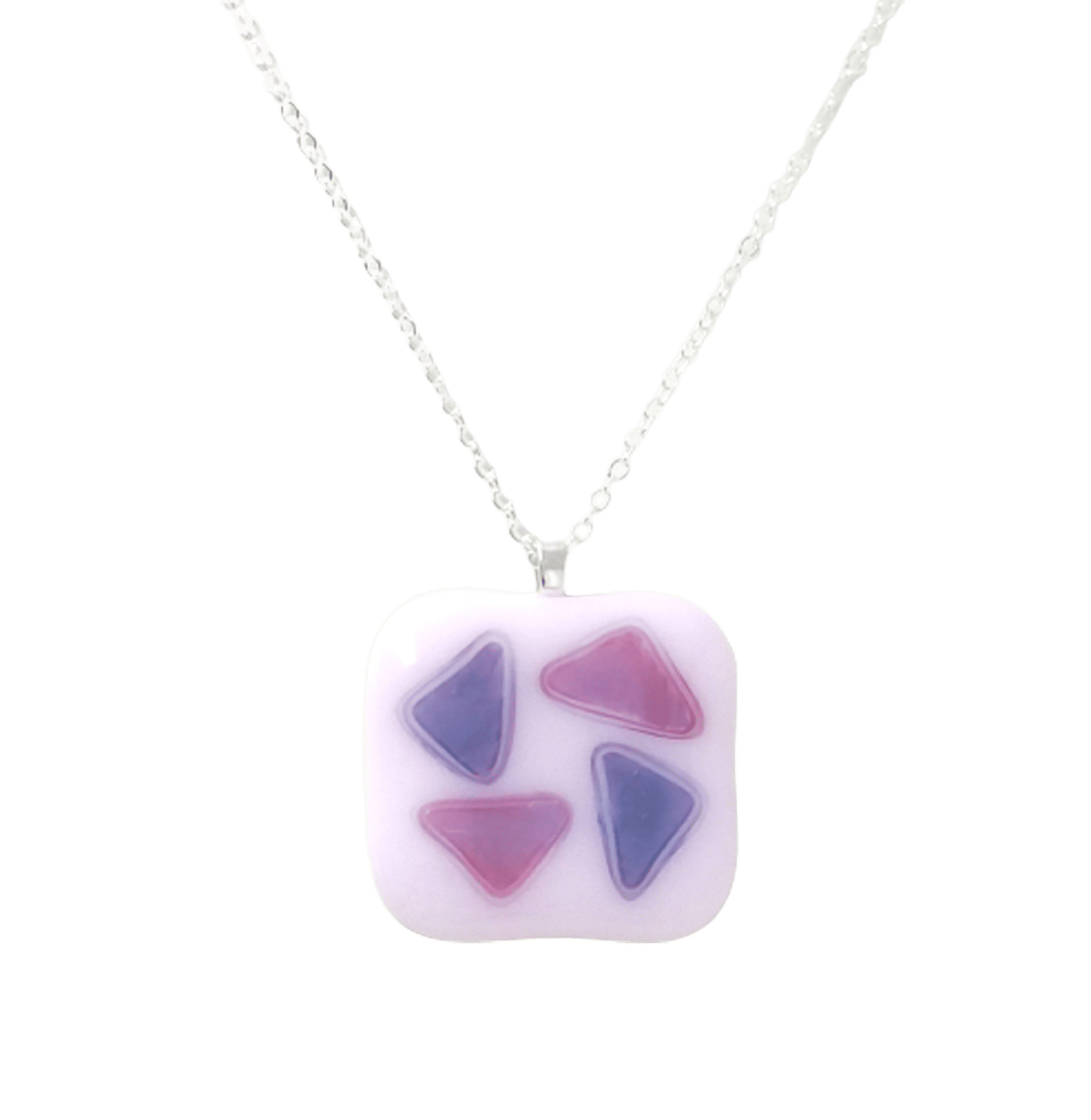 Fused Stained Glass Necklace Pink with Blue and Fuschia Triangles