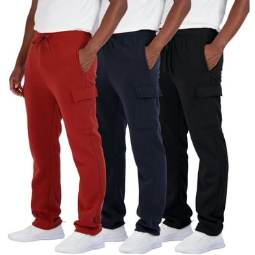 Real Essentials 3 Pack: Men's Tech Fleece Active Athletic Casual Open Bottom Cargo Sweatpants with Pockets