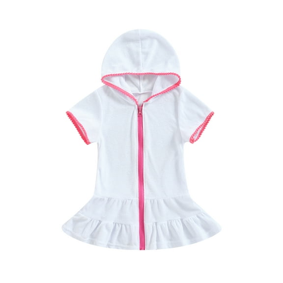 Springcmy Kids Little Girl Swim Cover Up Dress Toddler Towel Terry Swimsuit Wraps Zip Up Bathing Suit Robe Pool Beach Coverup White 5-6 Years