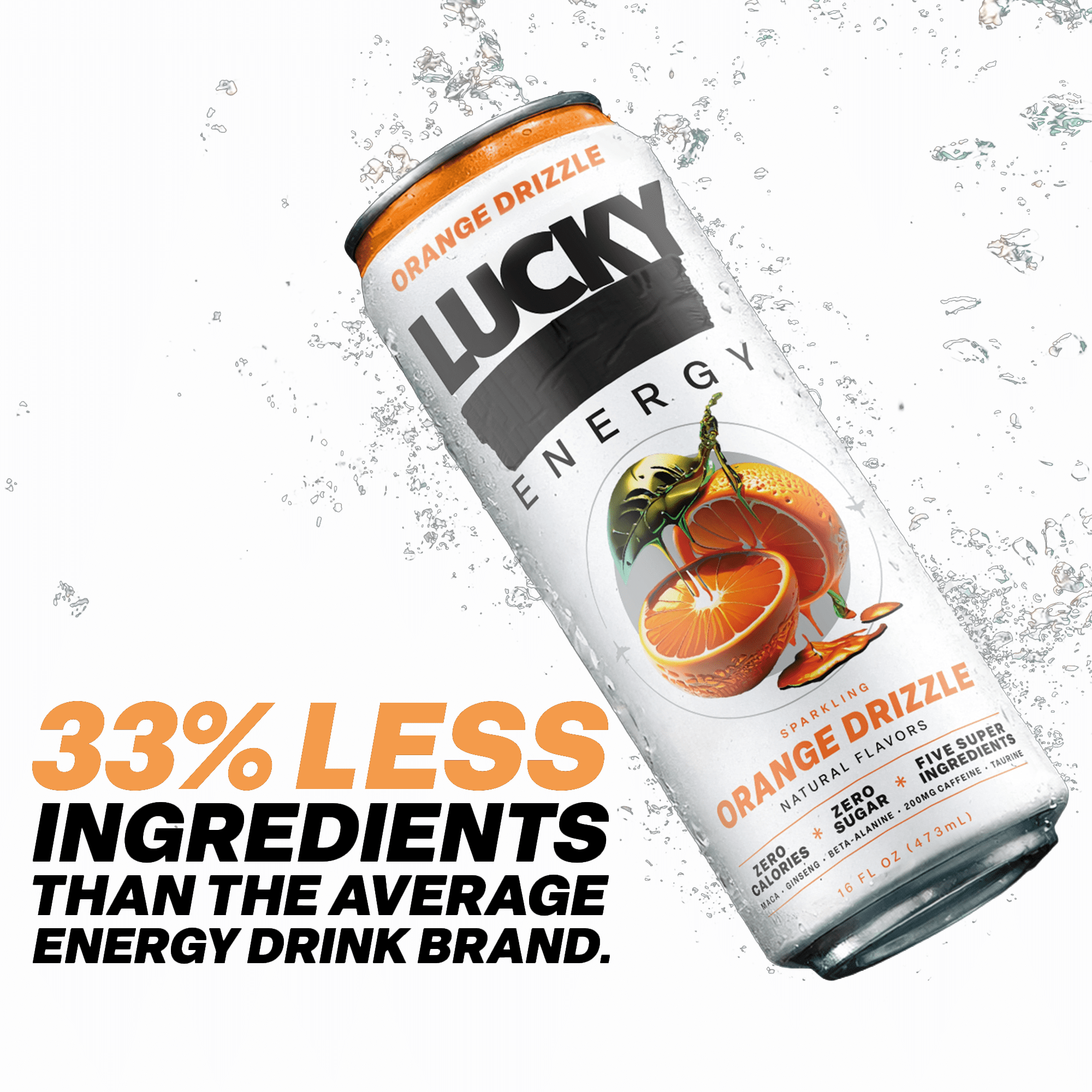 Lucky Energy Sugar Free Energy Drinks 16 fl oz Can, Orange Drizzle with Maca, Ginseng, Taurine, Beta-Alanine, 200mg Caffeine, Zero Calories