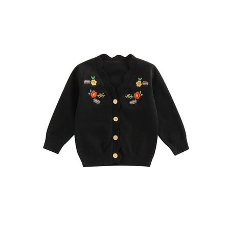 

Calsunbaby Toddler Baby Girls Knitted Cardigan Flower Embroidery Sweater Single Breasted Sweet Style Spring Clothes Black 6-9 Months