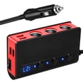 thumbnail image 1 of Adaptador de cargador de coche USB con encendedor de cigarrillos y carga rápida 3.0 de 180W 12V/24V con 3 tomas y 4 puertos USB Rojo Verde 12-24V, 1 of 8