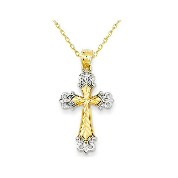 14K Yellow and White Gold Cross Pendant Necklace with Chain