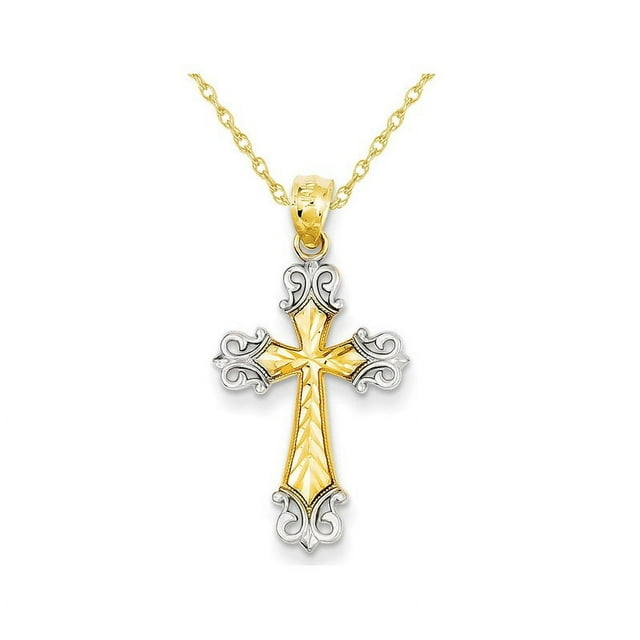 14K Yellow and White Gold Cross Pendant Necklace with Chain
