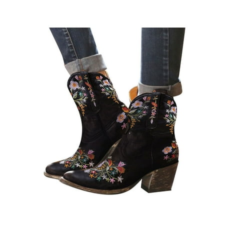 

SIMANLAN Womens Pointed Toe Cowgirl Cowboy Boots Ladies Mid Wide Calf Embroidered Booties Western Shoes 4 Black
