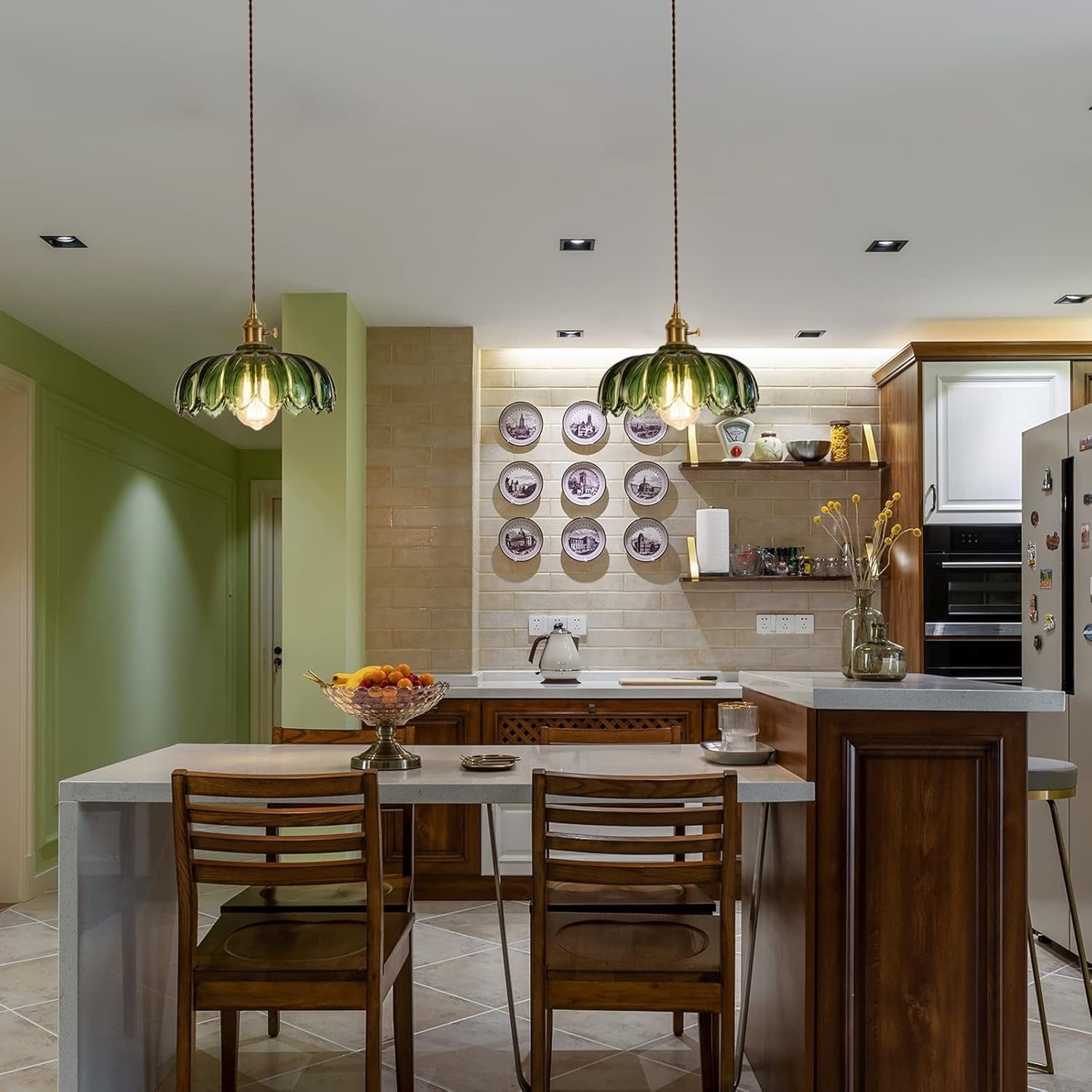 Plug in Pendant Light Fixtures: Hanging Light Plug in Green Glass Hanging Lamp, Pendant Lighting for Kitchen Island, Bedroom, Dining Room, Living Room, E26 No Bulb