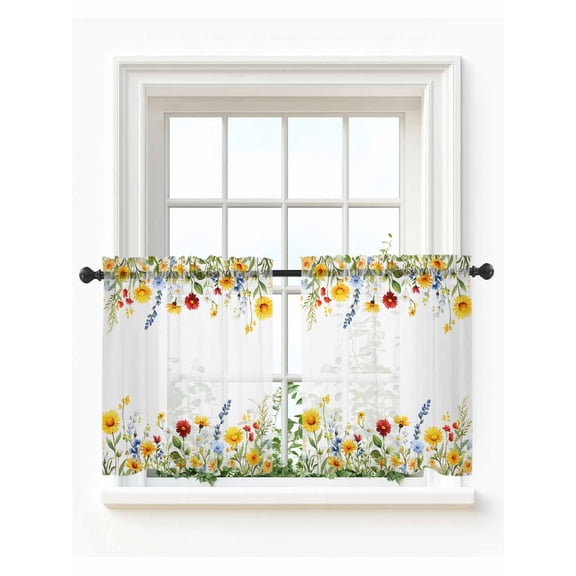 Sunflower Botanical Tier Curtains 36 Inch Length, Sheer Curtains for Bedroom Living Room Window Farmhouse Spring Floral Rod Pocket Voile Drapes Kitchen Curtains Small Half Window 27.5"x36" 2 Panels
