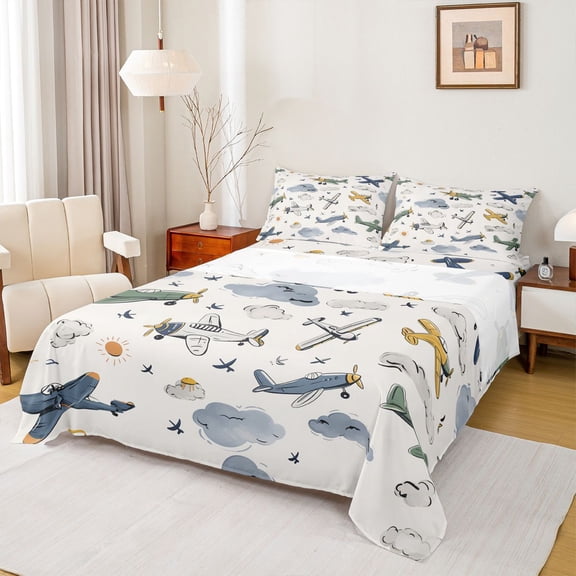 Castle Fairy Cartoon Plane Twin Sheet Sets 3pcs for Boys Girls,Kawaii Aircraft Twin Fitted Sheet Microfiber,Transportation Theme Breathable Flat Sheet,Ultra Soft Home Decor