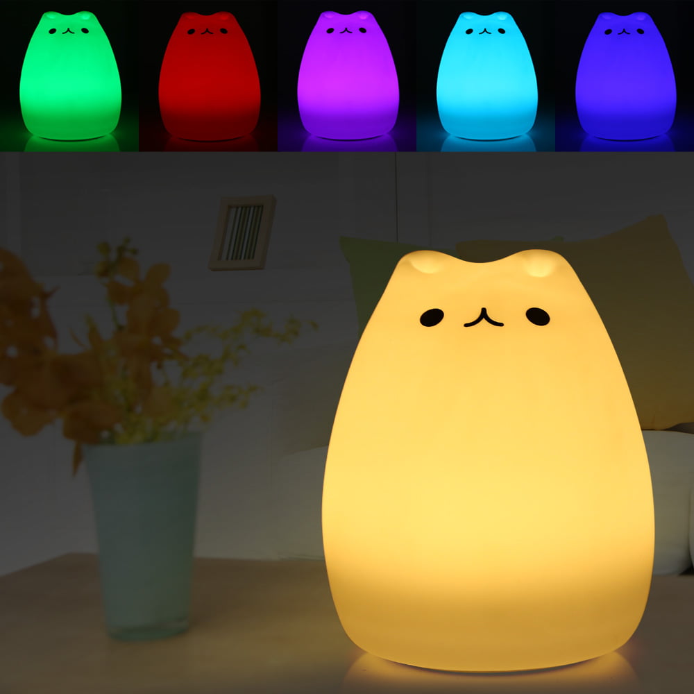 LED Color Changing Cartoon Cat Night Light Baby Bedside Lamp Rechargeable Bulbs 