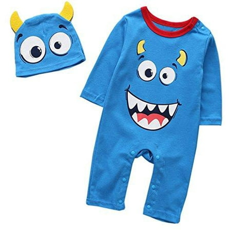 

stylesilove Little Monster Baby Boy Cotton Long Sleeve Halloween Costume Romper and Hat 2pcs Outfit