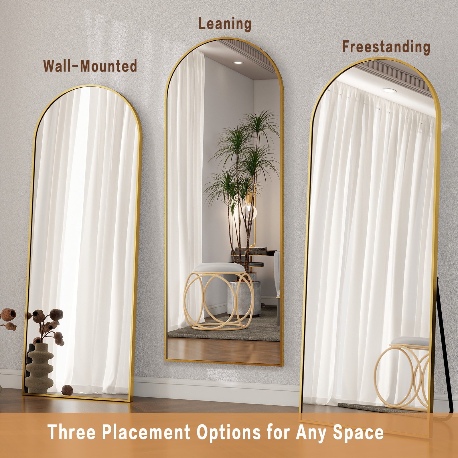 Anyrose 57.5"x 19" Arched Full Length Floor Mirror Wall-Mounted Mirror with Metal Frame, Gold
