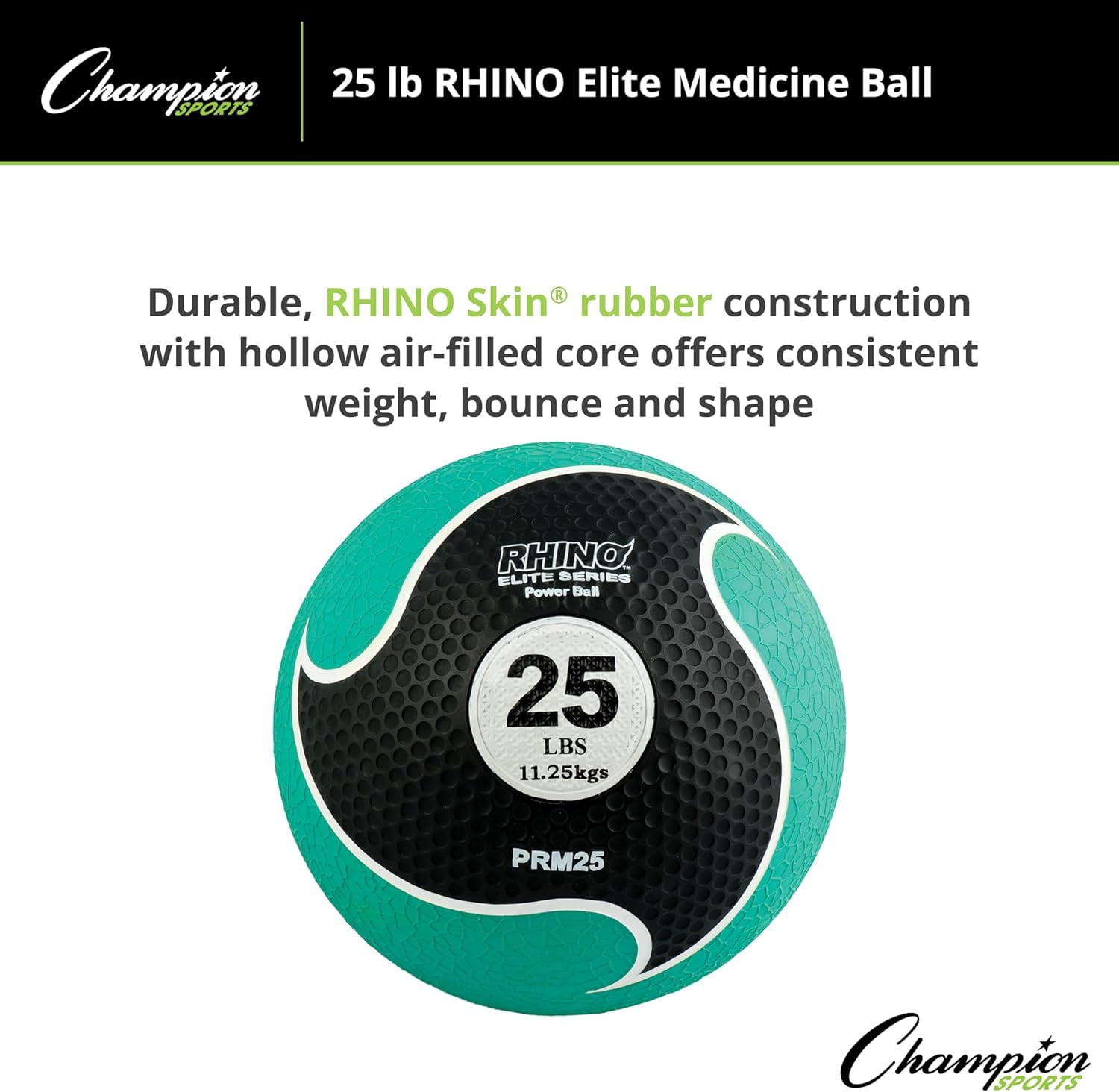 Champion Sports Rhino Elite Medicine Ball-Durable Rubber Weighted Ball & Textured Grip for Core Strength-Cardio & Cross-Training Workouts-Home or Gym Fitness-Green (25lbs)