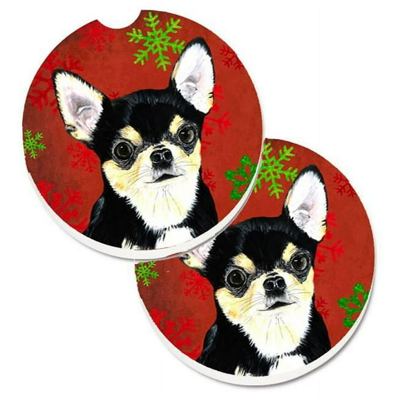 Chihuahua Red & Green Snowflakes Holiday Christmas Set of 2 Cup Holder Car Coaster