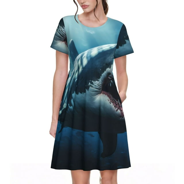 Vsdgher Robes Maxi Midi Décontractées 3D Requin Réaliste pour Femmes Été 2025 Manches Courtes Légères Col Rond Robe de Plage