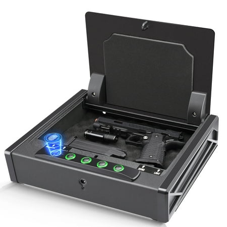 SOULYI Biometric Fingerprint Gun Safe for 3 Pistols DOJ Certified with 3 Quick Access Handgun Safe Digital Keypad Frosted Black Bedside Firearm Safety Car Safe Hardened Steel Lock Box