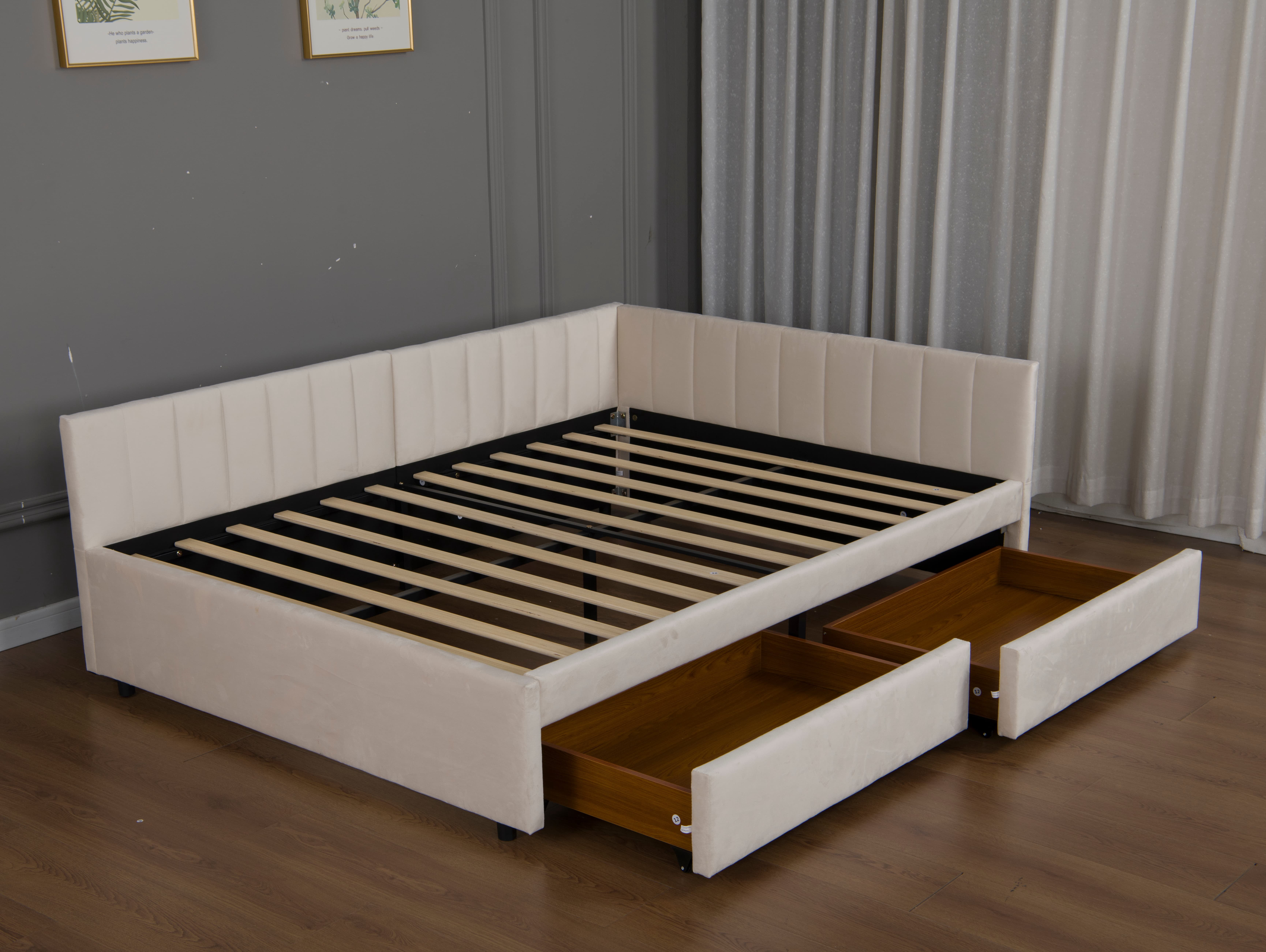 Full Size Daybed 79.1 Inch, Upholstered Corner Bed with L Shaped Headboard and 2 Storage Drawers for Living Room Guest Room, Beige