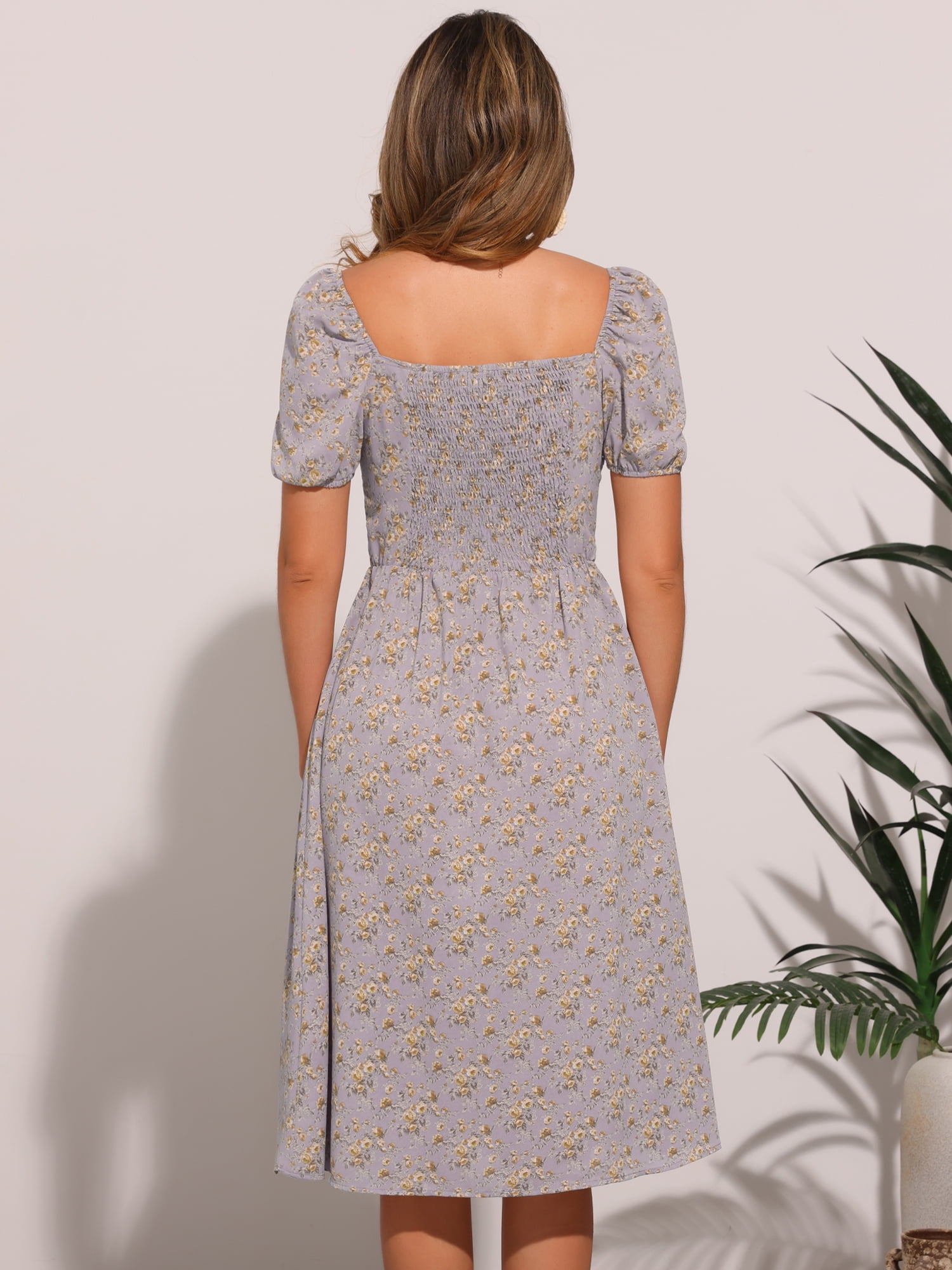 DARING DIVA Floral Puff Sleeve Smocked Square Neck Midi Dress L Dusty Purple