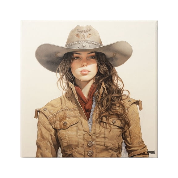 Stupell Industries Country Cowgirl on Beige Abstract Painting Gallery Wrapped Canvas Art Print Wall Art, 17 x 17