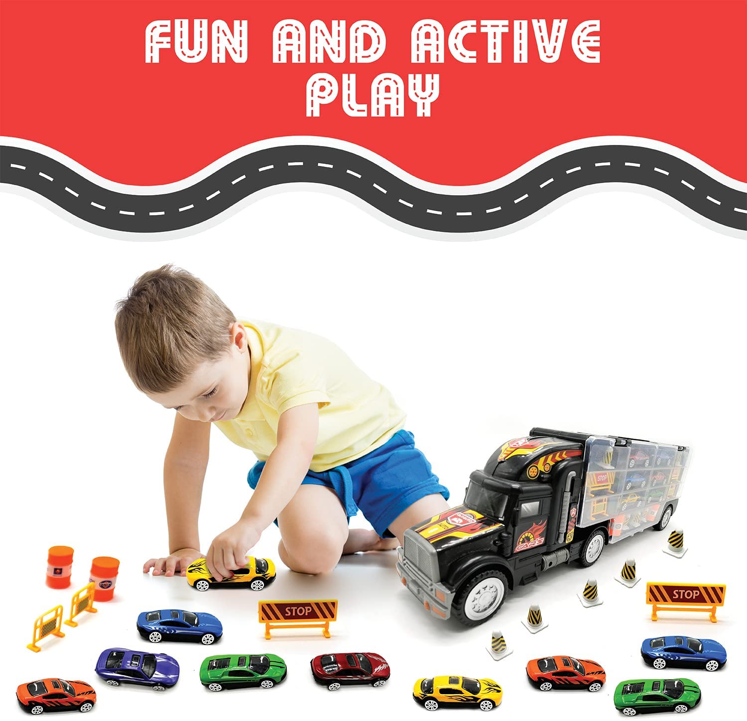 Toy Truck Transport Car Carrier Toy for Boys and Girls Age 3 - 10 yrs Old - Hauler Truck Includes 12 Toy Cars and Accessories - Car Truck Fits 28 Car Slots - Ideal Gift for Kids