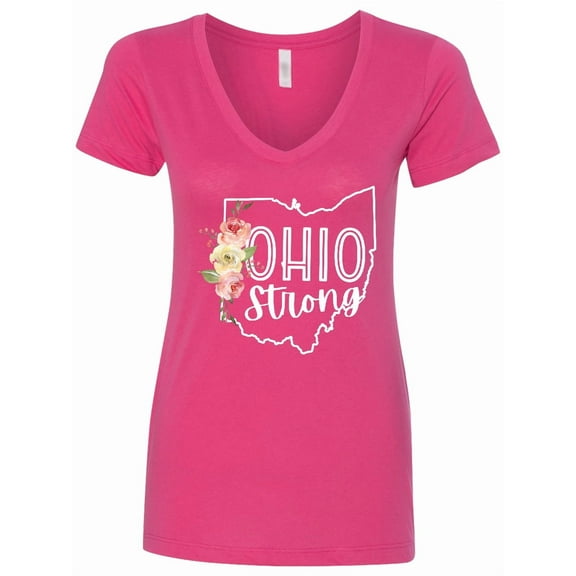 Inktastic Ohio Strong with State Silhouette and Pink Flowers Women's V-Neck T-Shirt