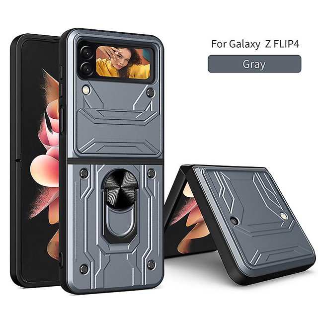 Magnetic Armored Phone Case Compatible With Samsung Galaxy Z Flip 4 With Sliding Camera Cover & Ring Stand