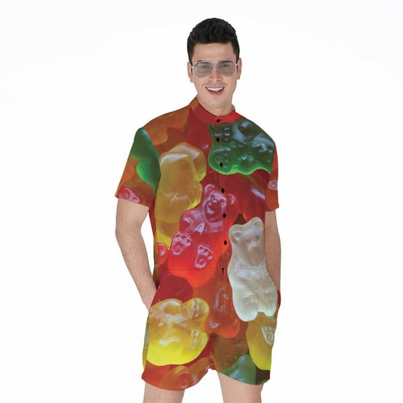 Sweet Gummy Bear Short Sleeve Men'S Rompers, Bear Casual Summer Jumpsuits Outfit