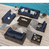 Grezone Outdoor Garden 10 Piece Patio Furniture with 43" 55000BTU Gas Propane Fire Pit Table Rattan Wicker Sectional Set, Blue