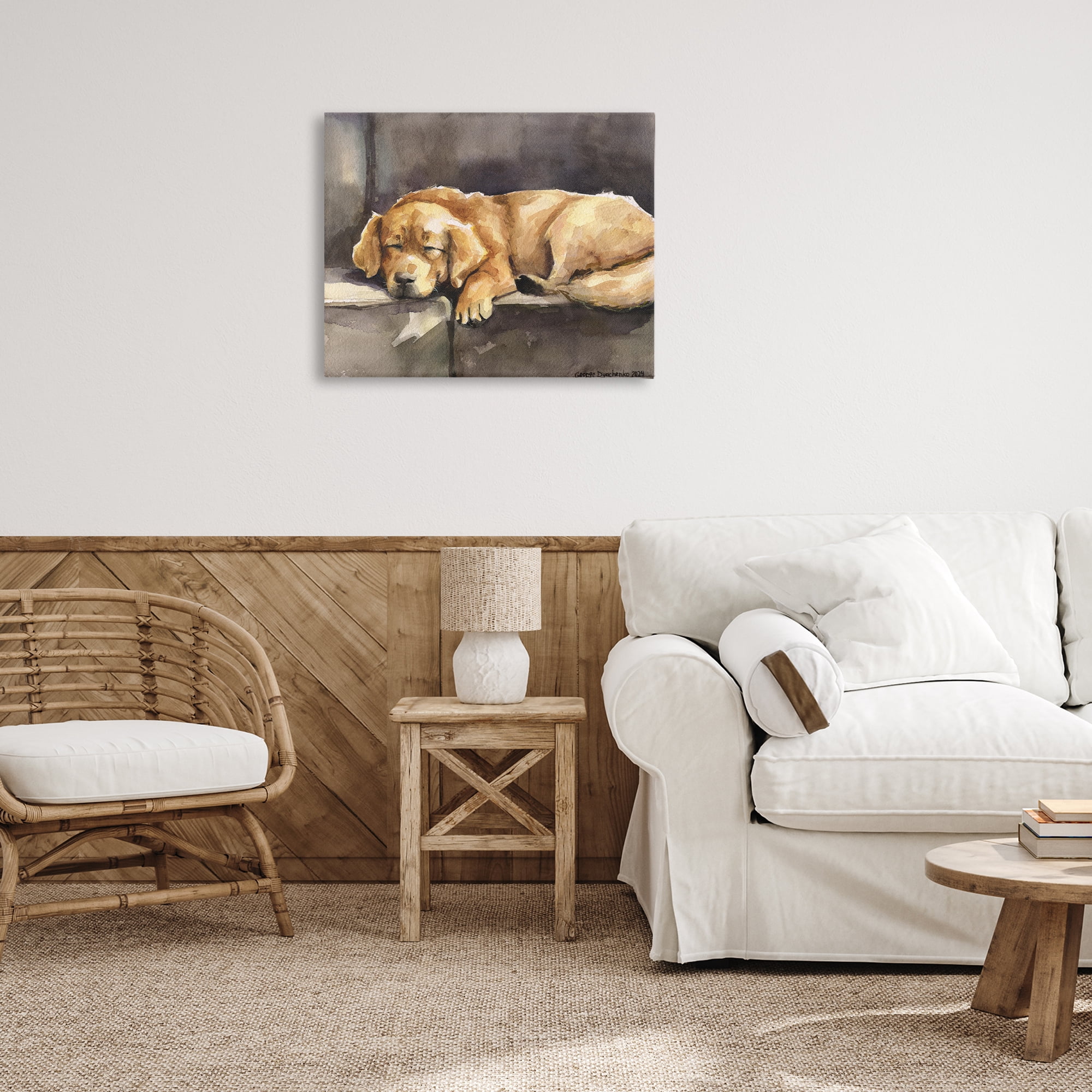 Stupell Industries Sleeping Golden Retriever Animals Painting Wrapped Canvas Art Print Wall Art, 30 x 24