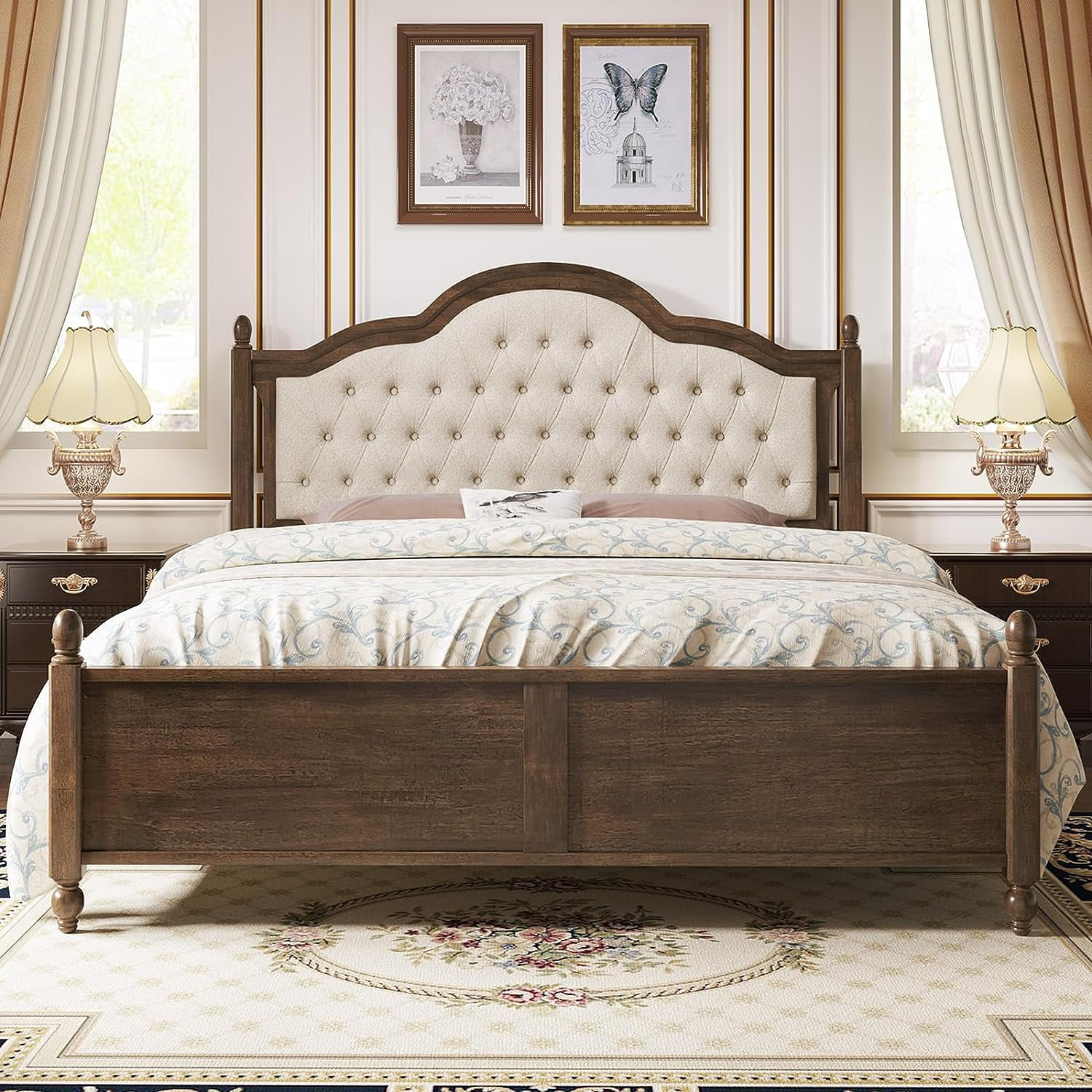 Merluxy Queen Solid Wood Bed Frame with Upholstered Headboard, No Box Spring, Easy Assembly, Walnut