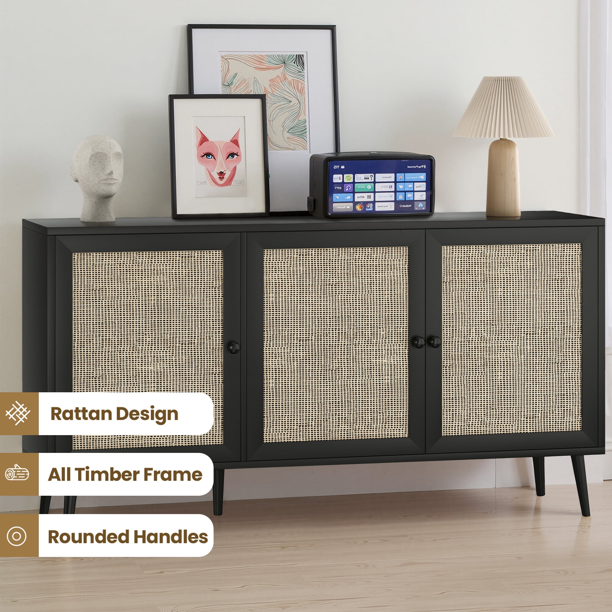 MAYEERTY Black 59*15*31"Modern Sideboard Buffet Cabinet with 3 Rattan Doors for Living Room, Entryway