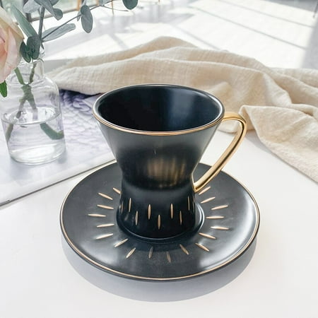 

Creative Drum Shaped Coffee Cup Set 200ml Golden Line Drawing Creative Coffee Cup and Ceramic Cup and Saucer Set