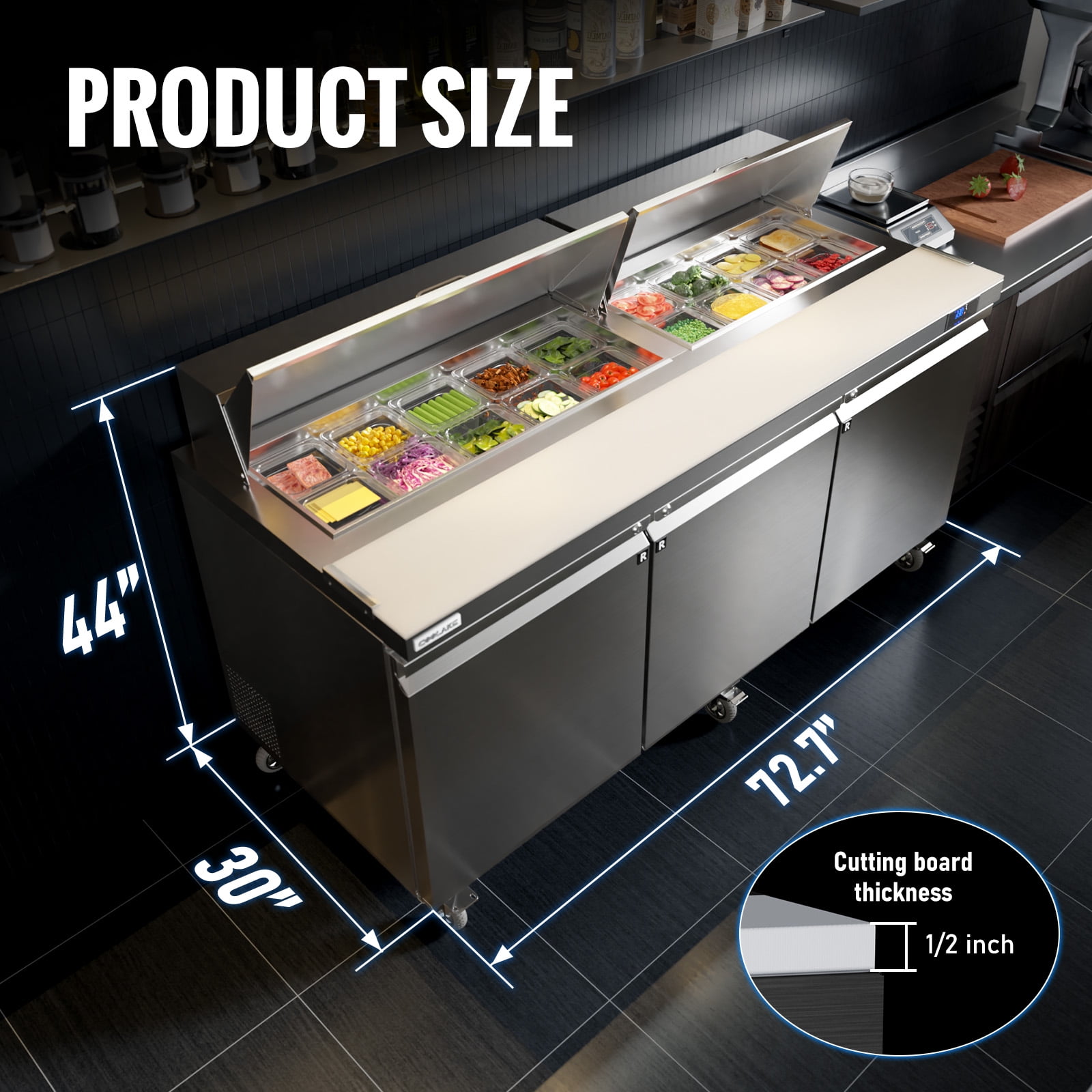 Coolake 72.7''W Commercial Salad Sandwich Prep Table Refrigerator, 3 Door Stainless Steel 22 Cu.ft Counter Fan Cooling Refrigerator