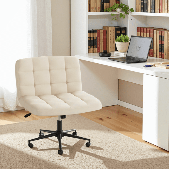 Pirecart Swivel Vanity Chair, Height Adjustable Criss Cross Legged Chair with Wide Cushion and Wheels, Armless Criss Cross Desk Chair for Office, Vanity, Bedroom, Linen, Beige
