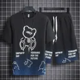 thumbnail image 4 of Conjunto de chándal y pantalones cortos para hombre, chándal con capucha y estampado de gofres en negro, dos piezas, camiseta y pantalones cortos, estilo coreano 2024, atuendo elegante, 4 of 5